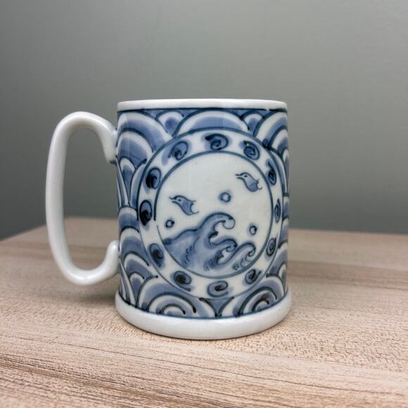 Vintage Blue White Ceramic Mug Japanese Style Waves Ocean Fish Coffee Tea Cup - Picture 1 of 6
